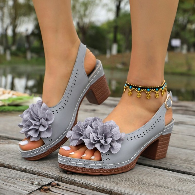 Women'S Shoes Peep Toe - รองเท้าส้นสูงแบบเปิดนิ้วเท้าประดับดอกไม้สไตล์วินเทจสำหรับผู้หญิง ฤดูร้อน 2026 รองเท้าส้นตึกสูงหนาพร้อมสายรัดด้านหลัง
