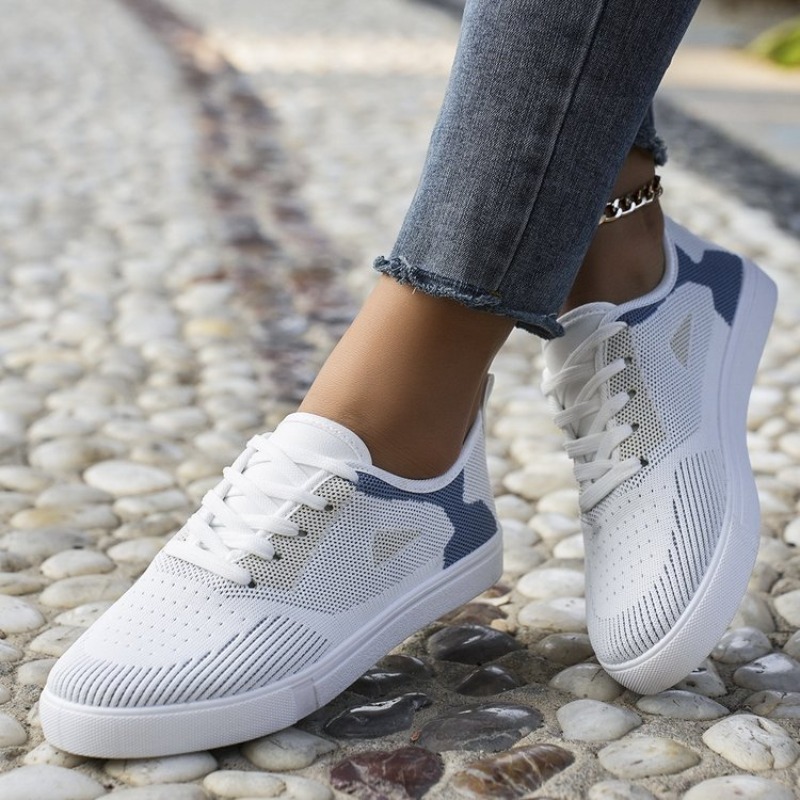 Women'S Shoes For Tennis - รองเท้าผ้าใบลำลองผู้หญิง สไตล์ทอผ้า แบบผูกเชือก รองเท้าพื้นเรียบ ทรงหัวมน สำหรับใส่เดินทุกวัน
