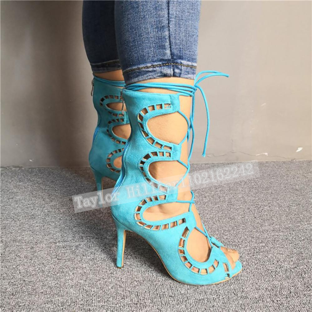 Suede Ankle Boot - รองเท้าส้นสูงแบบเปิดนิ้วเท้าสีน้ำเงิน สายไขว้ รัดส้น สำหรับผู้หญิง ส้นเข็ม แบบมีซิปด้านหลัง