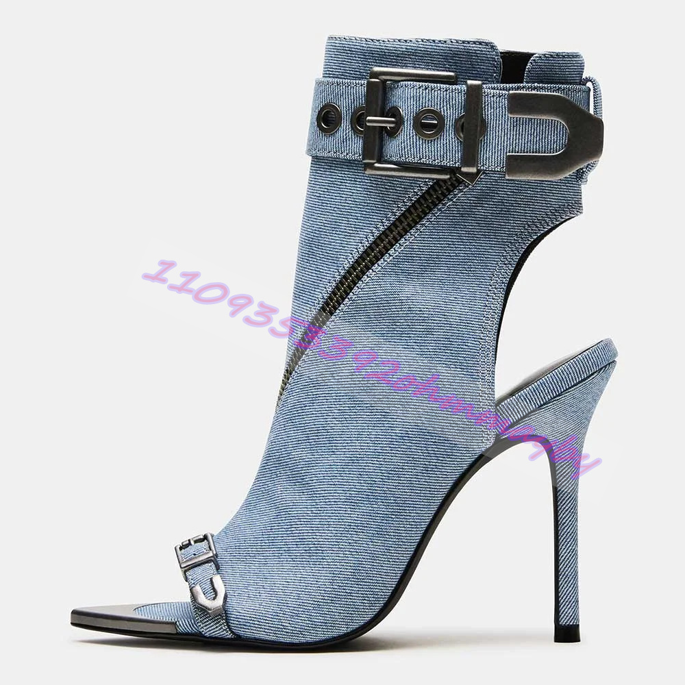Suede Ankle Boot - รองเท้าบูทหัวแหลมสีน้ำเงินเดนิมสำหรับผู้หญิง รองเท้าแตะเปิดนิ้วเท้าประดับหัวเข็มขัดหนัง แฟชั่นรองเท้าส้นสูงหัวแหลมโลหะพร้อมซิป