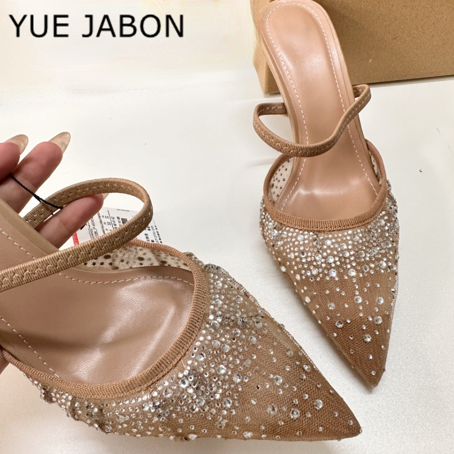 Women Shoes Ysl - ตาข่าย Rhinestone รองเท้าส้นสูงรองเท้าแตะผู้หญิงแฟชั่น Slingback รองเท้าฤดูร้อนหญิง Glitter