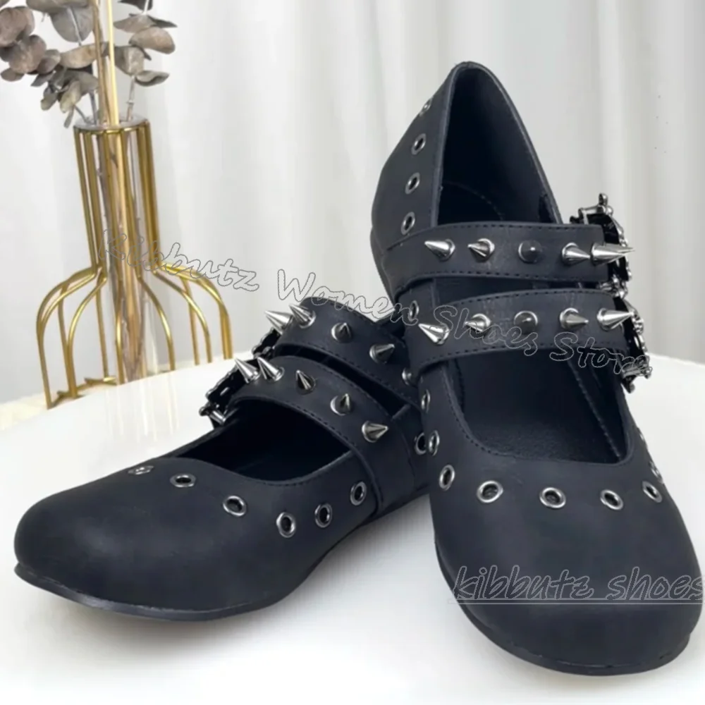 Ballet Flat Women - รองเท้าบัลเล่ต์สไตล์โกธิค พังก์ร็อก ประดับหัวเข็มขัด หมุดโลหะ สีพื้น แบบสวม