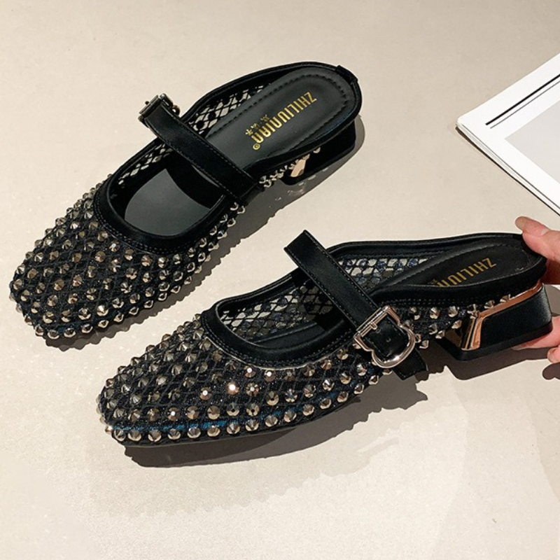 Mule Slip On - รองเท้าแตะส้นหนาประดับเพชรตาข่าย ระบายอากาศดี แฟชั่นฤดูร้อน รองเท้าสไลด์หัวเหลี่ยมสำหรับผู้หญิง