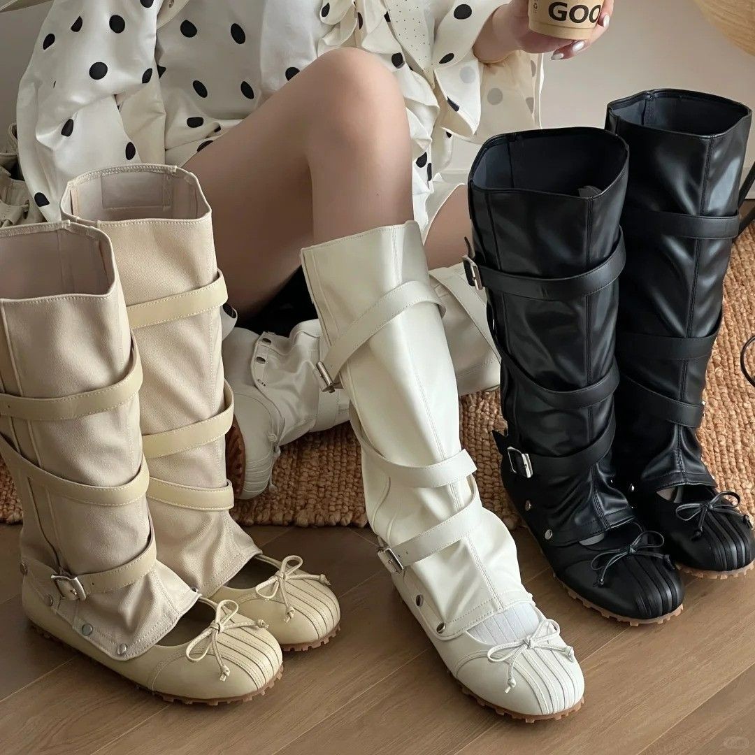 Ballet Flat Women - รองเท้าบัลเล่ต์แบบถอดได้สองแบบสำหรับผู้หญิง สไตล์ฝรั่งเศส โบว์ผูก รองเท้าส้นแบน รองเท้าบูททรงเรโทรสำหรับน่องใหญ่ ช่วยให้ขาดูเรียว