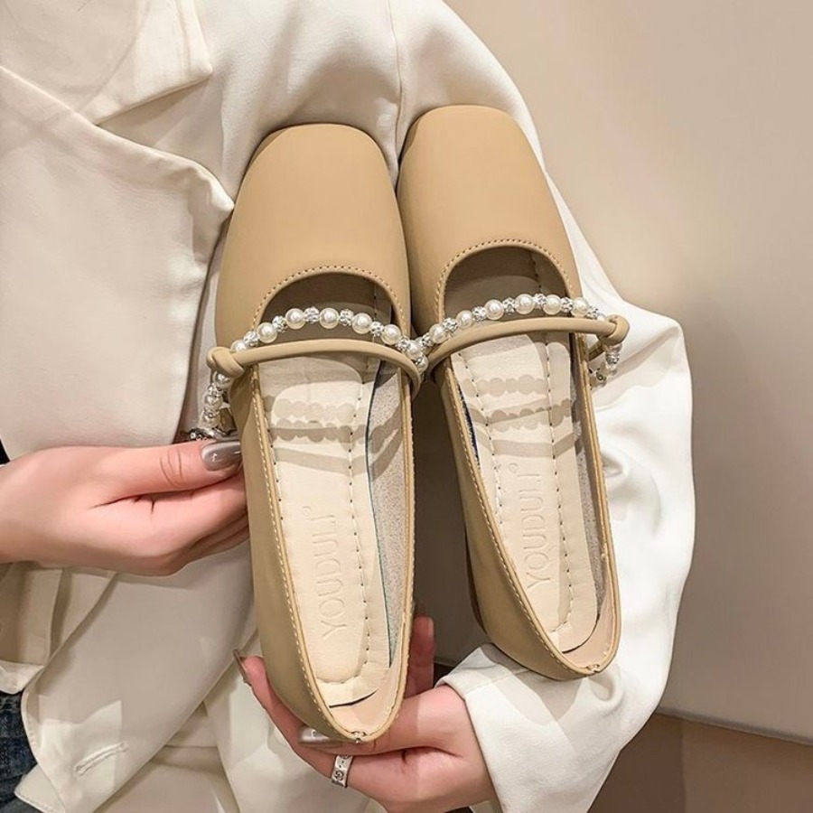 Women Shoes Elegant - รองเท้าส้นเตี้ยแบบฝรั่งเศส ดีไซน์หรูหรา ประดับมุก หนังนิ่ม สวมใส่สบาย ไม่ลื่น