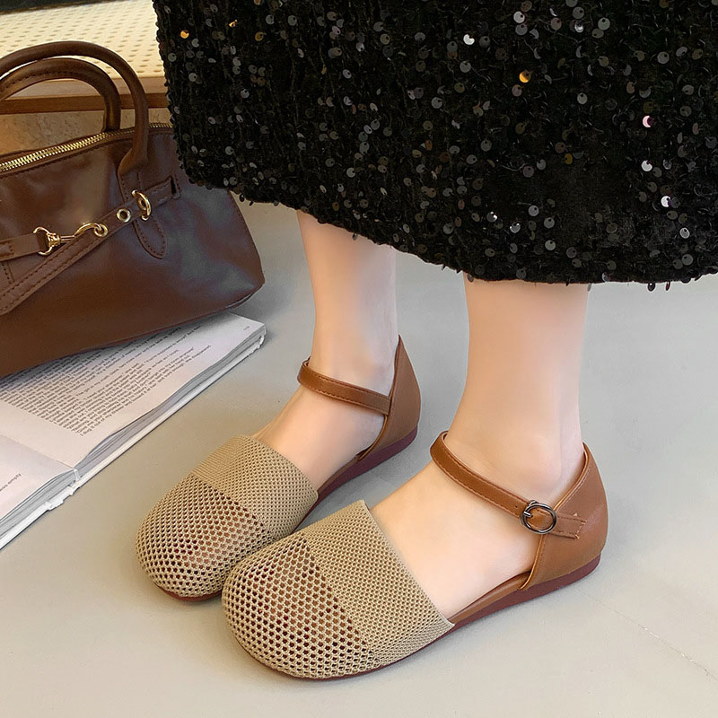 Women Shoes Elegant - รองเท้าแตะตาข่ายสำหรับผู้หญิงแฟชั่นฤดูใบไม้ผลิ/ฤดูร้อนปี 2025 ส้นเตี้ยแบบแบน หัวกลม สายรัดข้อเท้า รองเท้าลำลองสีดำ