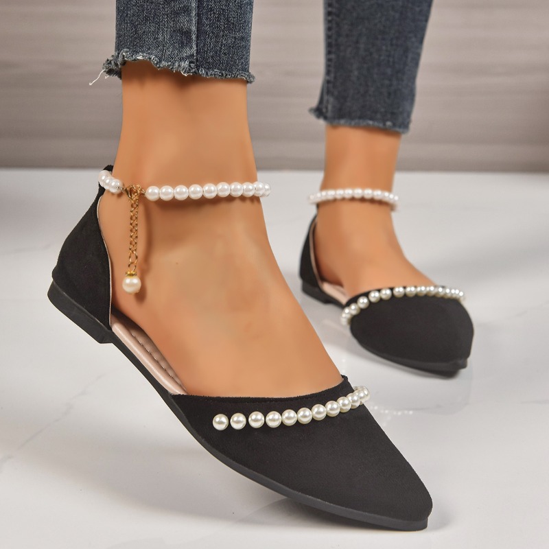 Women Shoes Elegant - รองเท้าส้นแบนหัวแหลมประดับมุก ดีไซน์ด้านข้างแบบโปร่ง ทำจากหนังกลับ สายรัดข้อเท้าปรับได้พร้อมจี้มุก สง่างาม เหมาะสำหรับงานแต่งงานและใช้งานในชีวิตประจำวันสำหรับสุภาพสตรี