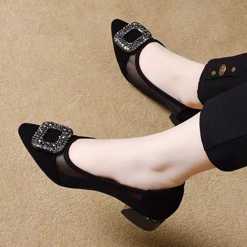 รองเท้าส้นบล็อกหัวแหลมแบบตาข่า - Women Shoes Elegant บทวิจารณ์และราคา